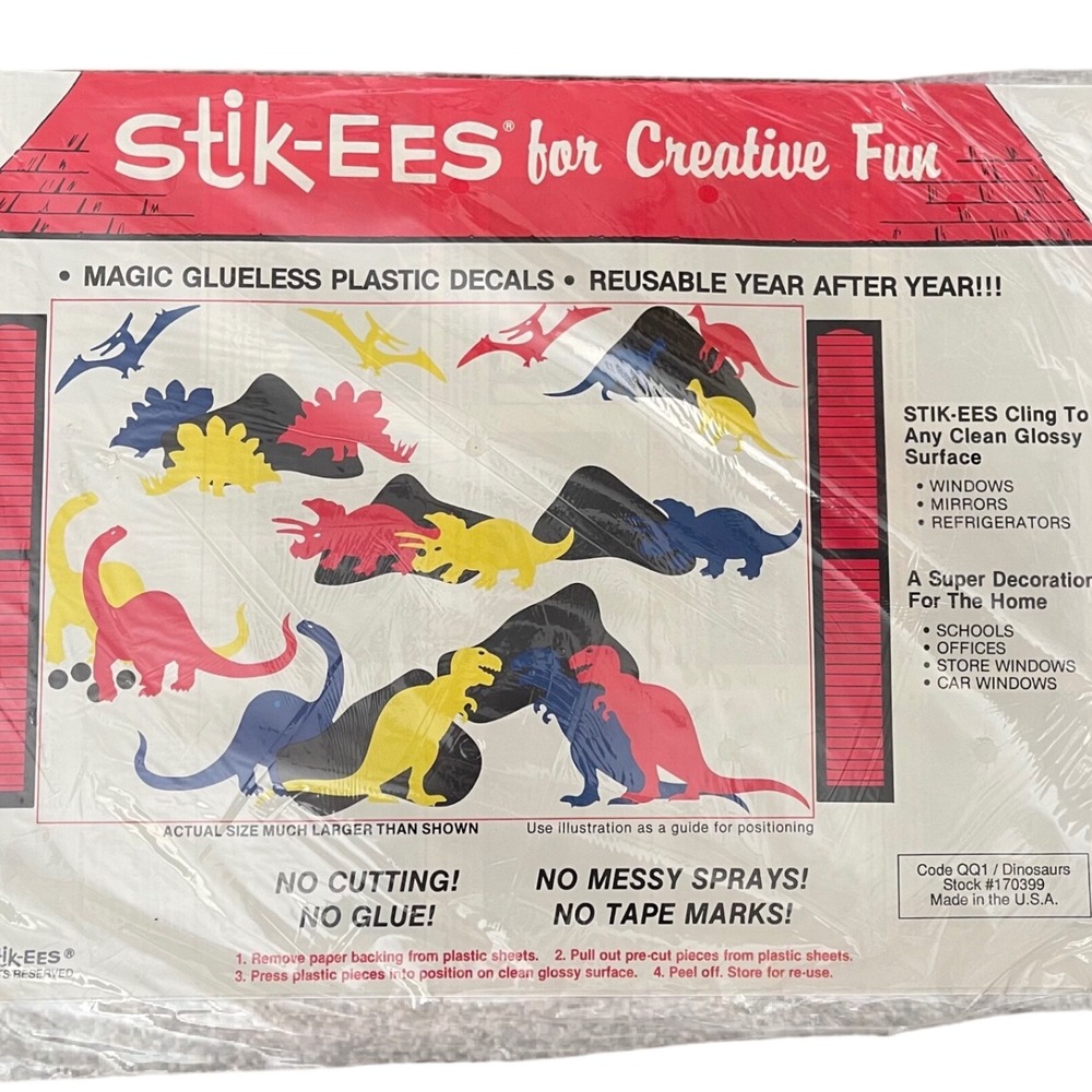 Vtg Stik-ees Window Clings 90s Teacher School dinosaurs‎ primary colors trex